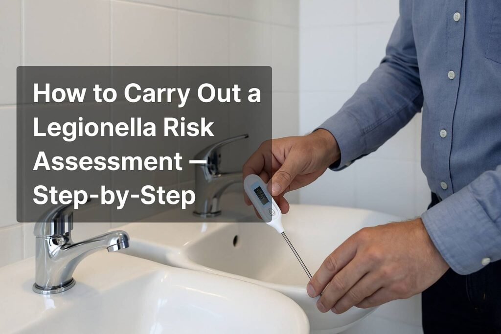 Technician testing water temperature at a sink during a Legionella risk assessment