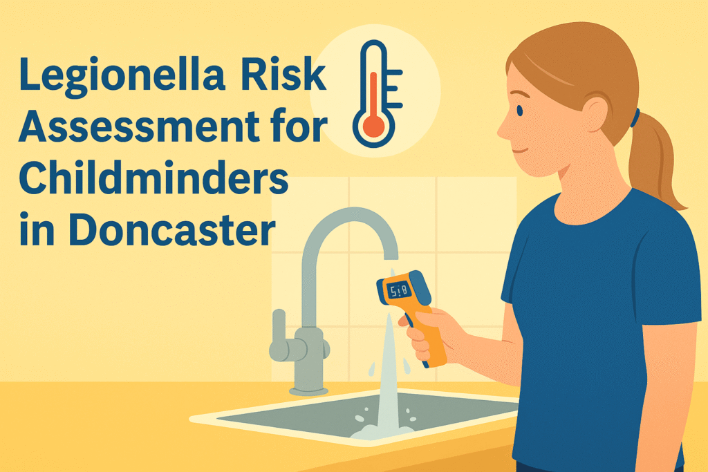 Illustration of a childminder checking hot water temperature at a kitchen sink during a Legionella risk assessment in Doncaster