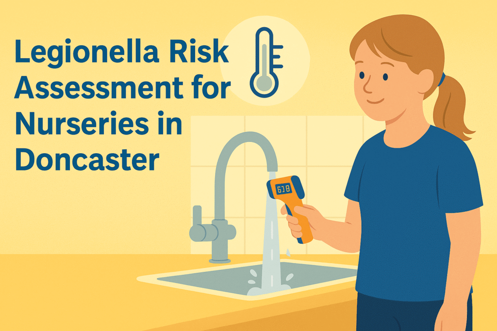 Illustration of a nursery worker using a digital thermometer to test hot water temperature as part of a Legionella risk assessment in Doncaster