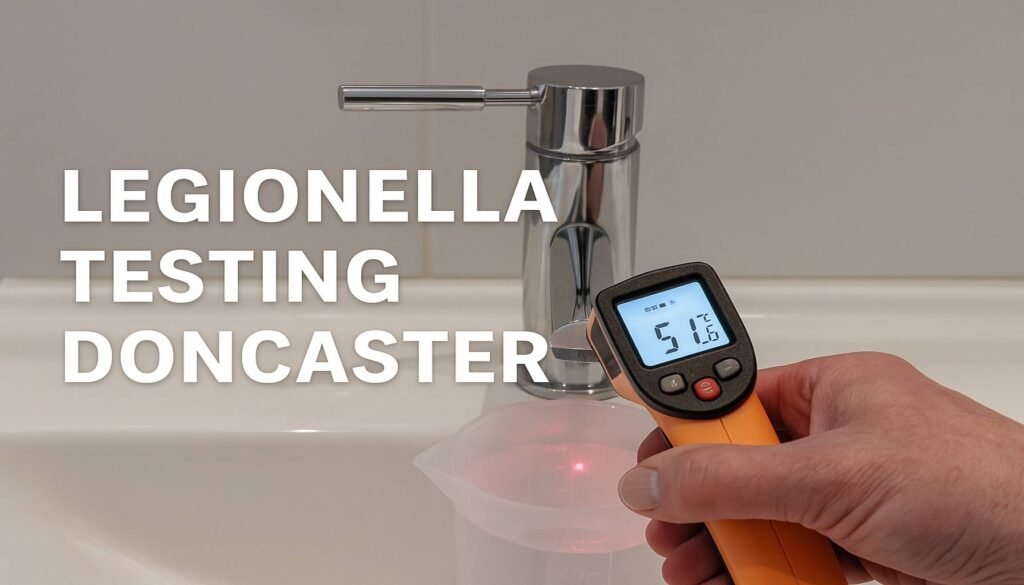 Hero image showing Legionella testing in Doncaster with hot water temperature check using a digital thermometer.