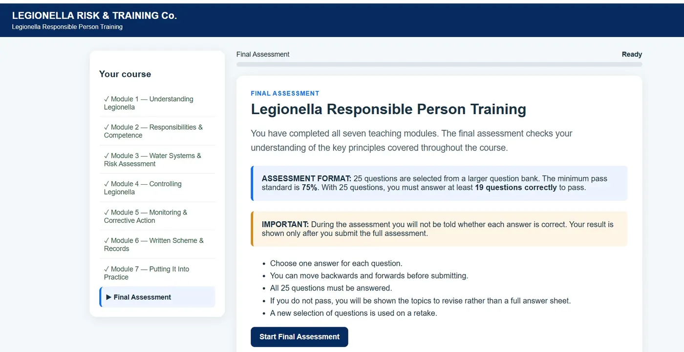 Legionella Responsible Person online course modules and final assessment